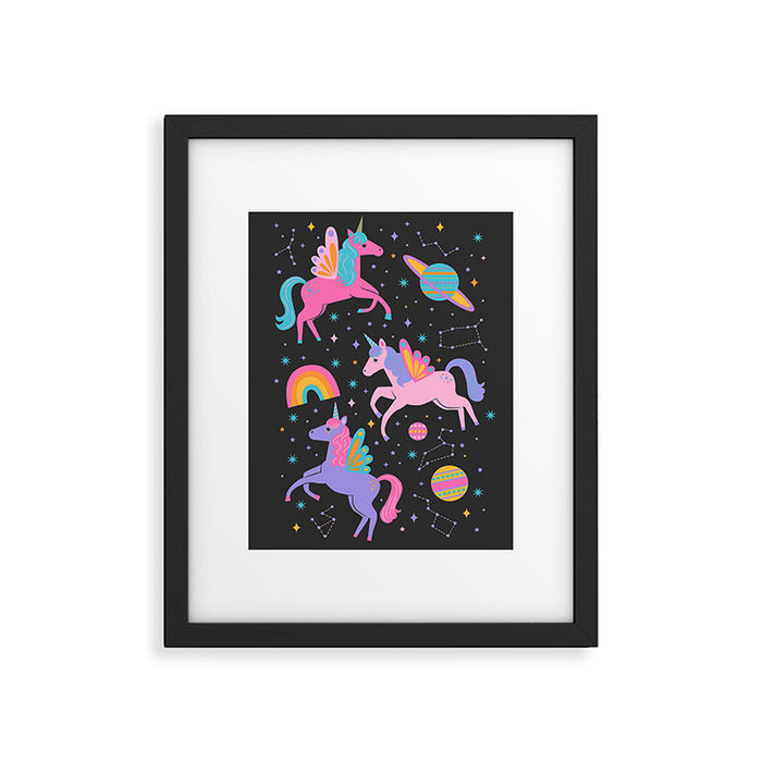Space Unicorns - Neon Rainbow on Black Framed Art Print Gallery Image 1