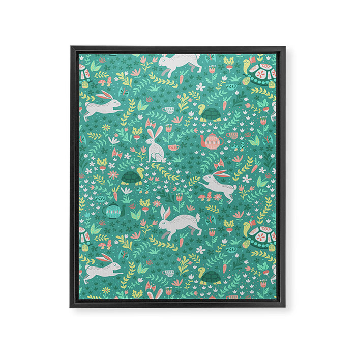 Spring Pattern of Bunnies with Turtles Framed Canvas Print Gallery Image 1
