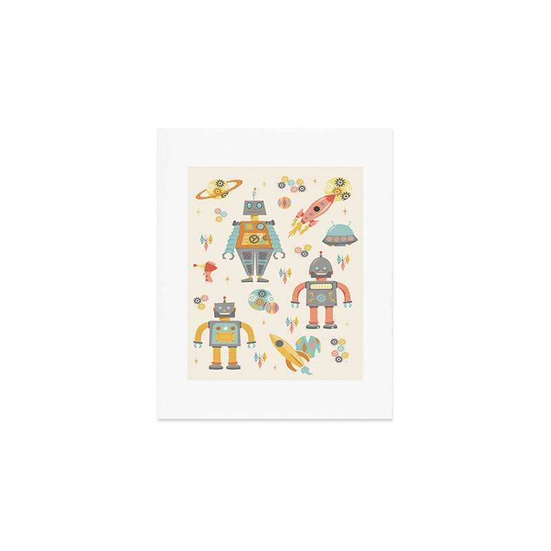 Vintage Inspired Robots in Space Art Print Gallery Image 1