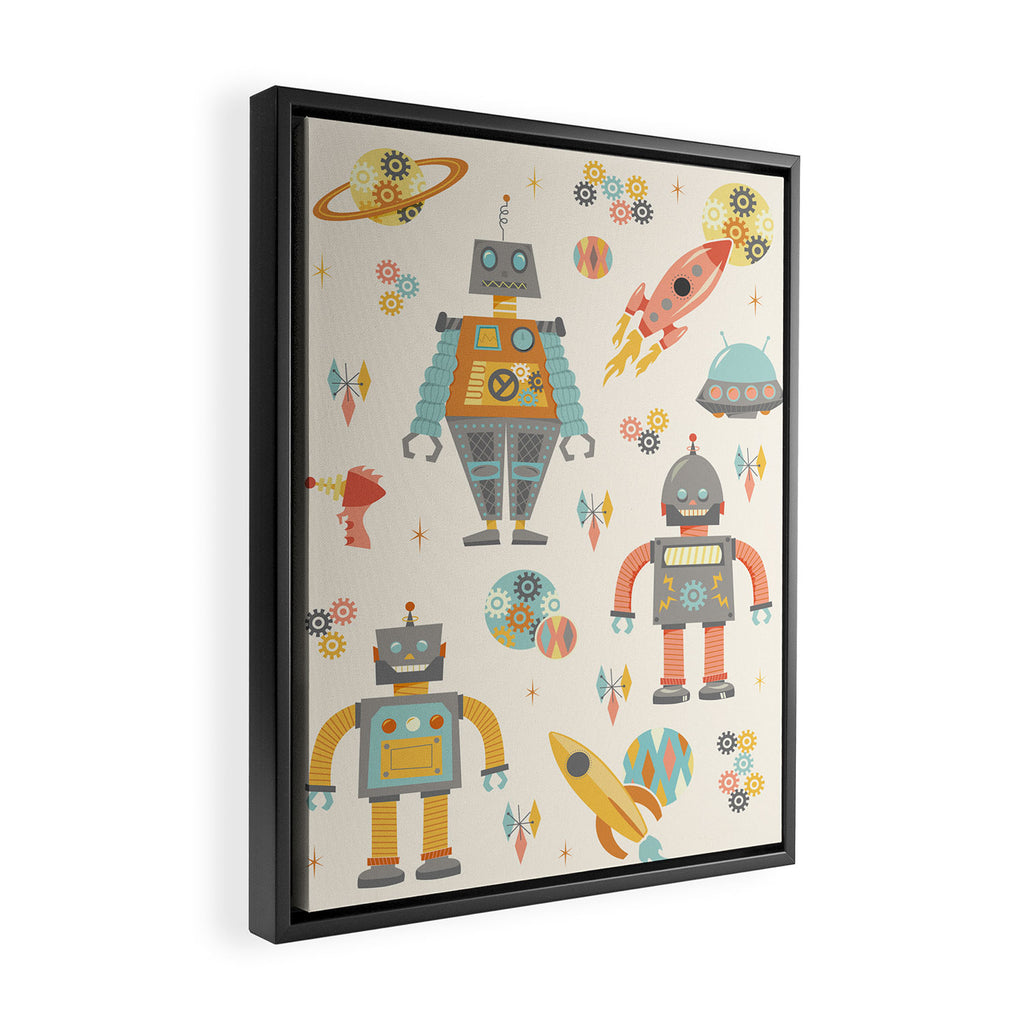 Vintage Inspired Robots in Space Framed Canvas Print Gallery Image 2
