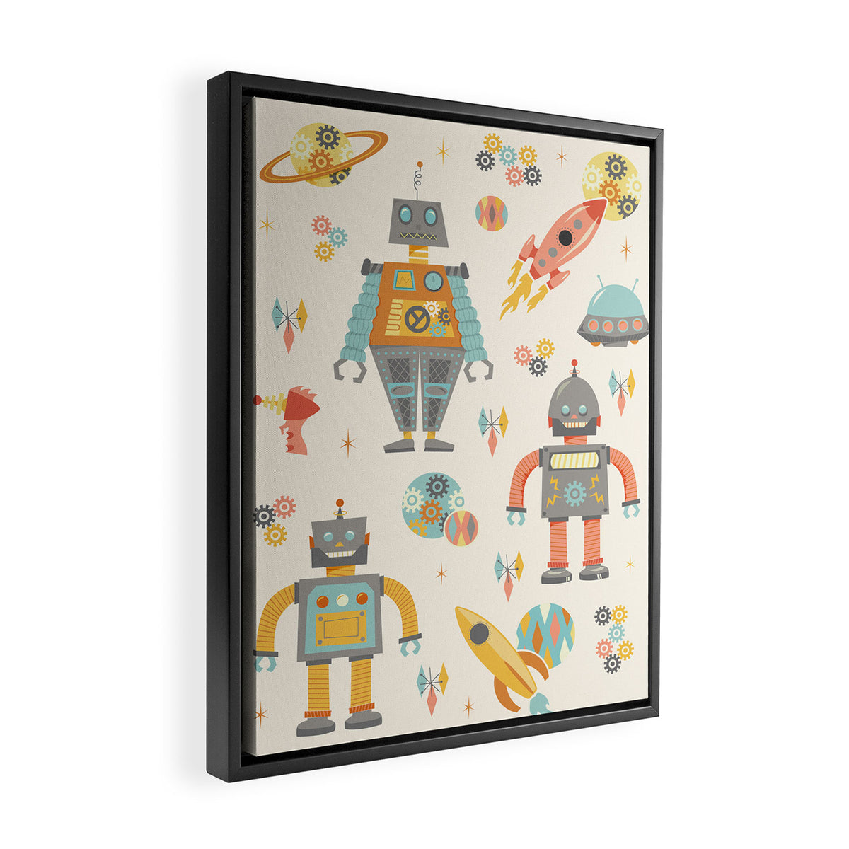 Vintage Inspired Robots in Space Framed Canvas Print Gallery Image 2