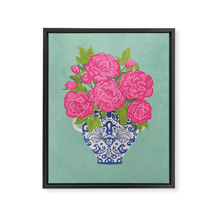 Pink Peonies in Ginger Jar Vase Framed Canvas Print Gallery Image 1