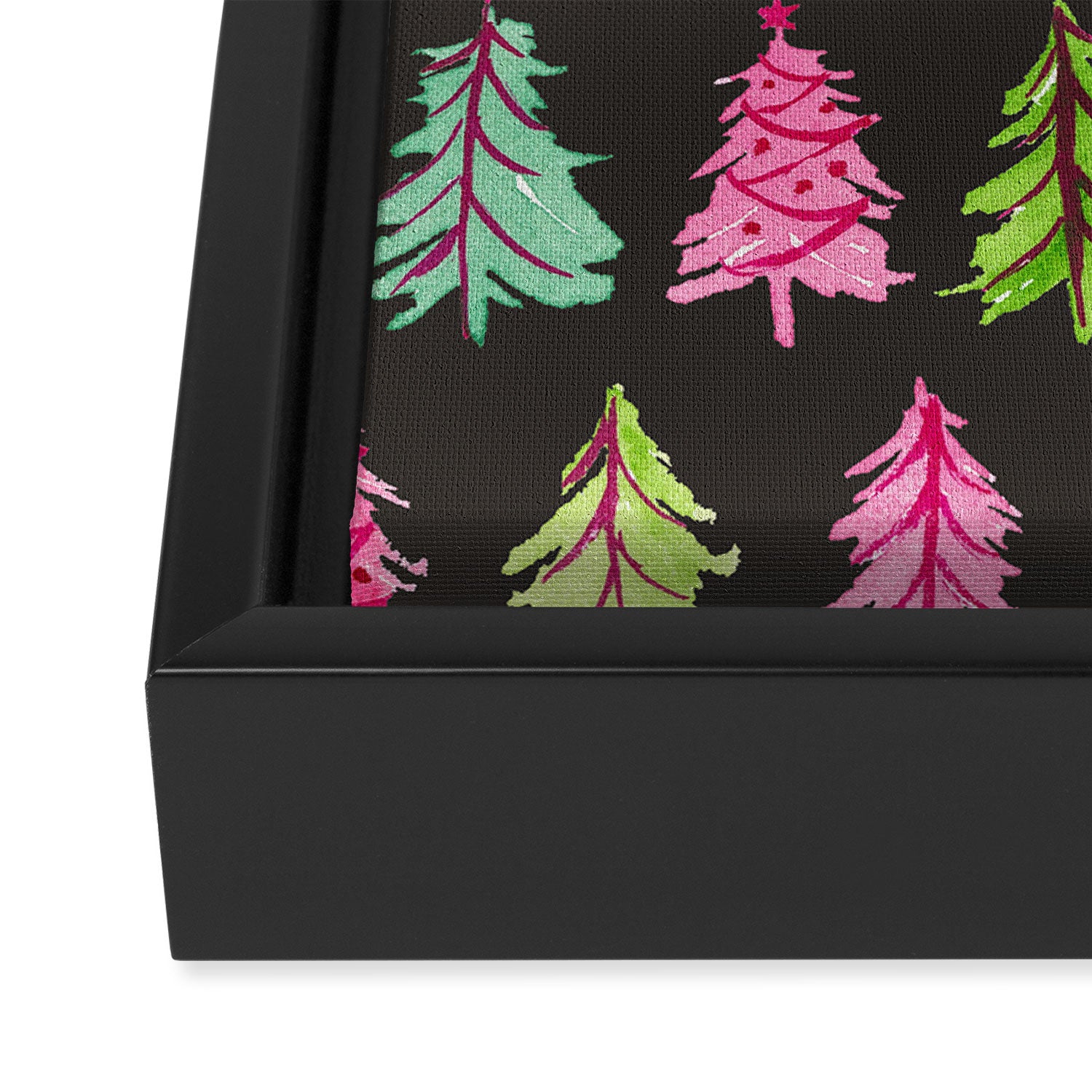 Colorful Vintage Bottlebrush Christmas Trees on Black Framed Canvas Print Gallery Image 3