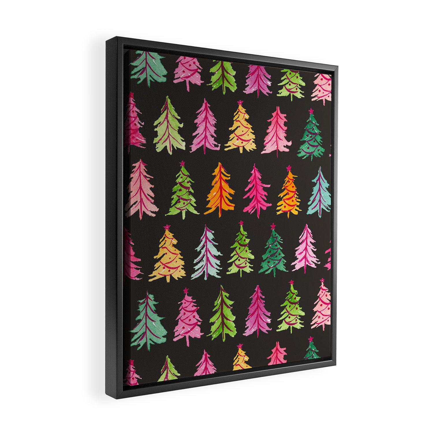 Colorful Vintage Bottlebrush Christmas Trees on Black Framed Canvas Print Gallery Image 2