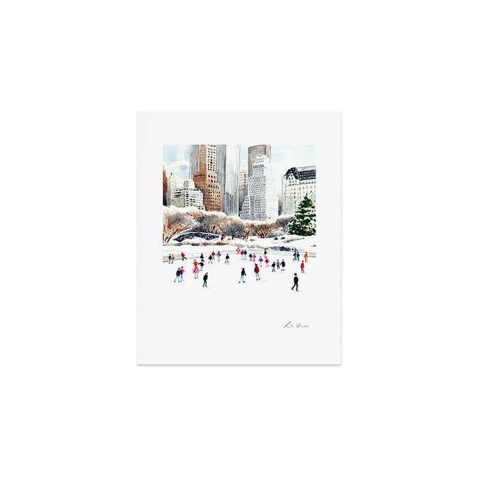 Central Park Ice Skating Art Watercolor Winter Wollman Rink NYC Skyline Art Print Gallery Image 1