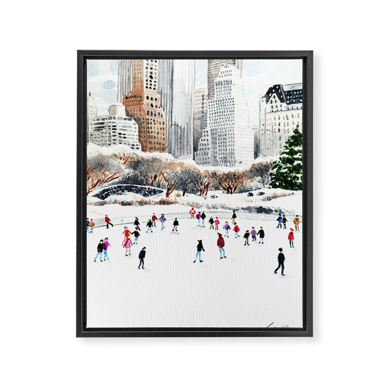 Central Park Ice Skating Art Watercolor Winter Wollman Rink NYC Skyline Framed Canvas Print