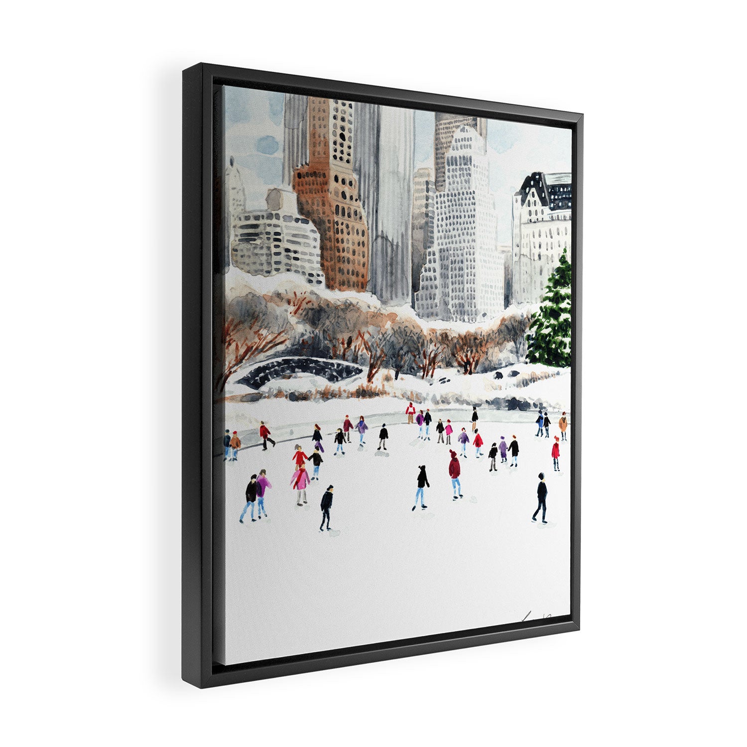 Central Park Ice Skating Art Watercolor Winter Wollman Rink NYC Skyline Framed Canvas Print Gallery Image 2