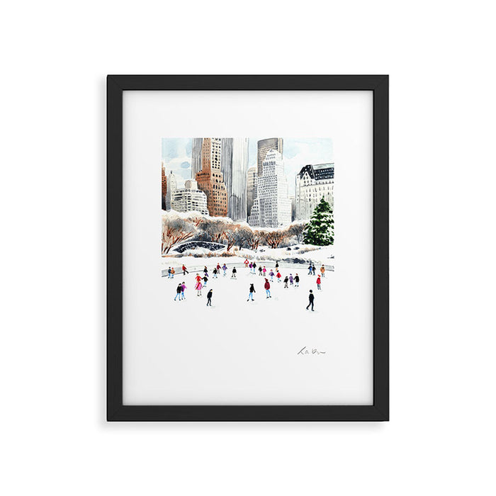 Central Park Ice Skating Art Watercolor Winter Wollman Rink NYC Skyline Framed Art Print Gallery Image 1