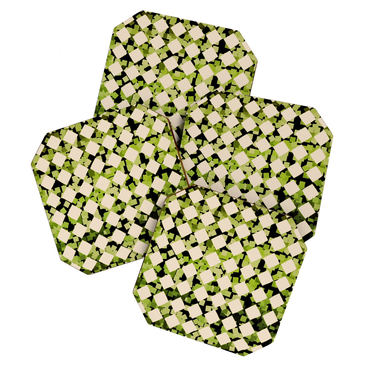 Geometric Checkerboard with Confetti Squares Green Black on Beige Coaster Gallery Image 1