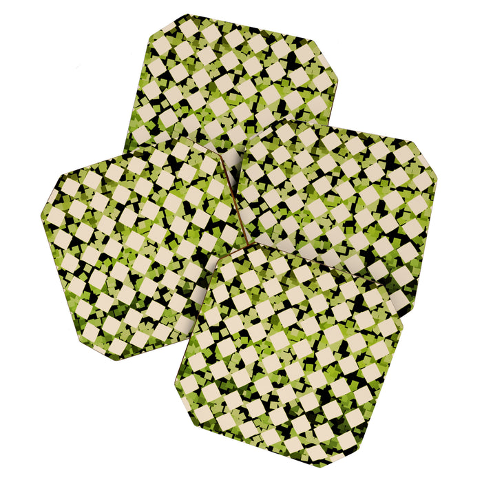 Geometric Checkerboard with Confetti Squares Green Black on Beige Coaster Gallery Image 1