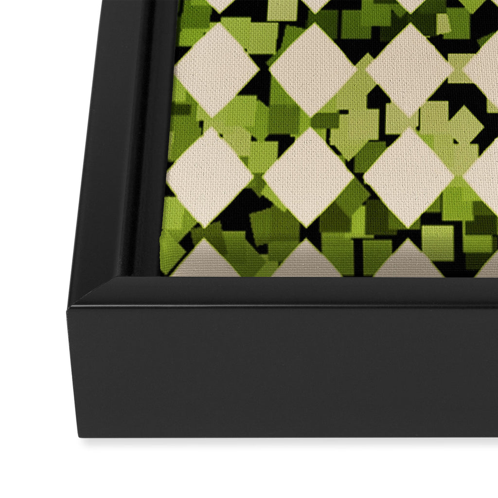 Geometric Checkerboard with Confetti Squares Green Black on Beige Framed Canvas Print Gallery Image 3