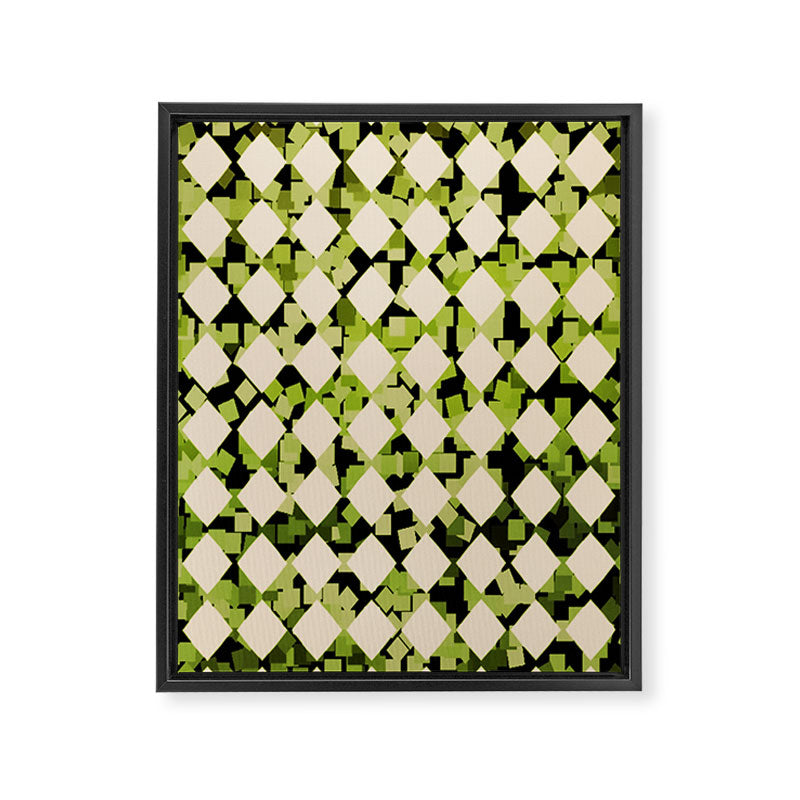Geometric Checkerboard with Confetti Squares Green Black on Beige Framed Canvas Print Gallery Image 8