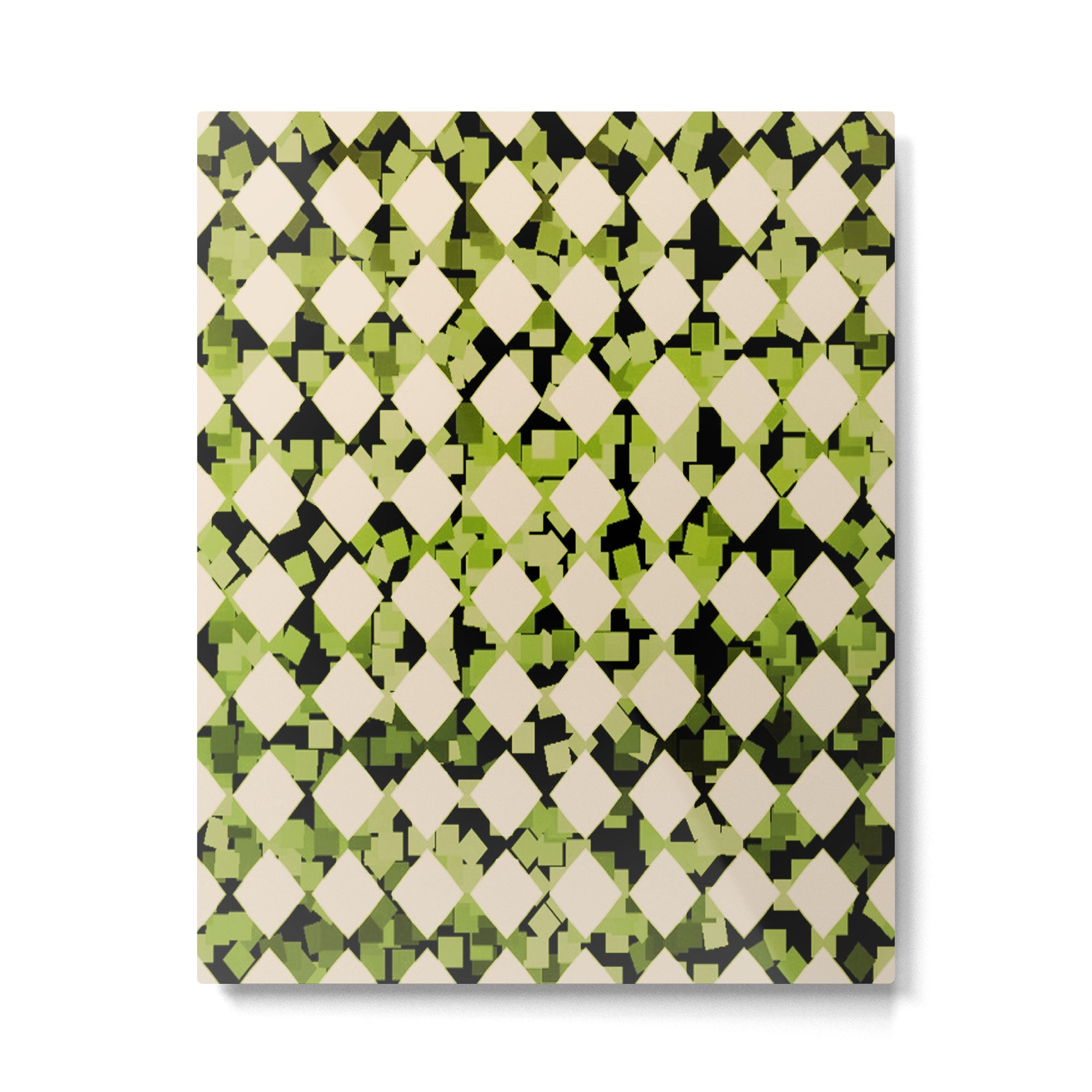 Geometric Checkerboard with Confetti Squares Green Black on Beige Metal Print Gallery Image 6