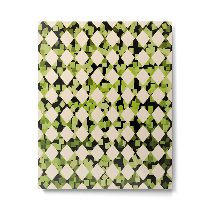 Geometric Checkerboard with Confetti Squares Green Black on Beige Metal Print Gallery Image 1