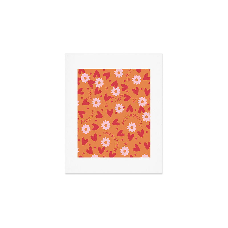 Hearts and Flowers on Orange Art Print Gallery Image 1