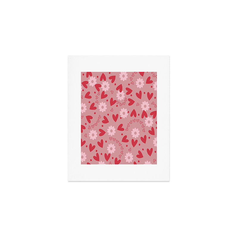 Hearts and Flowers on Tea Rose Pink Art Print Gallery Image 1