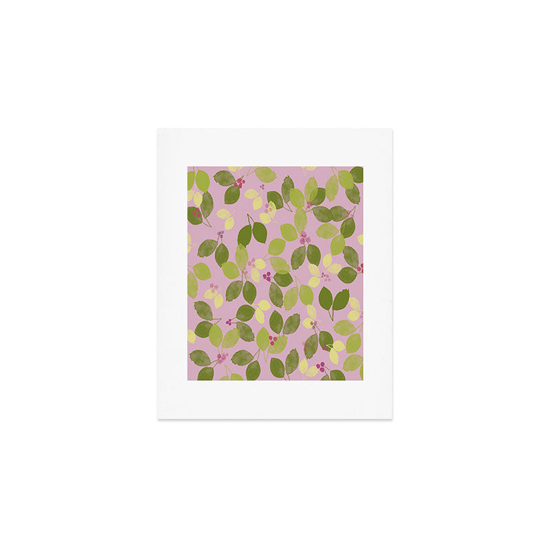 Summer Leaves and Berries on Pink Art Print Gallery Image 1