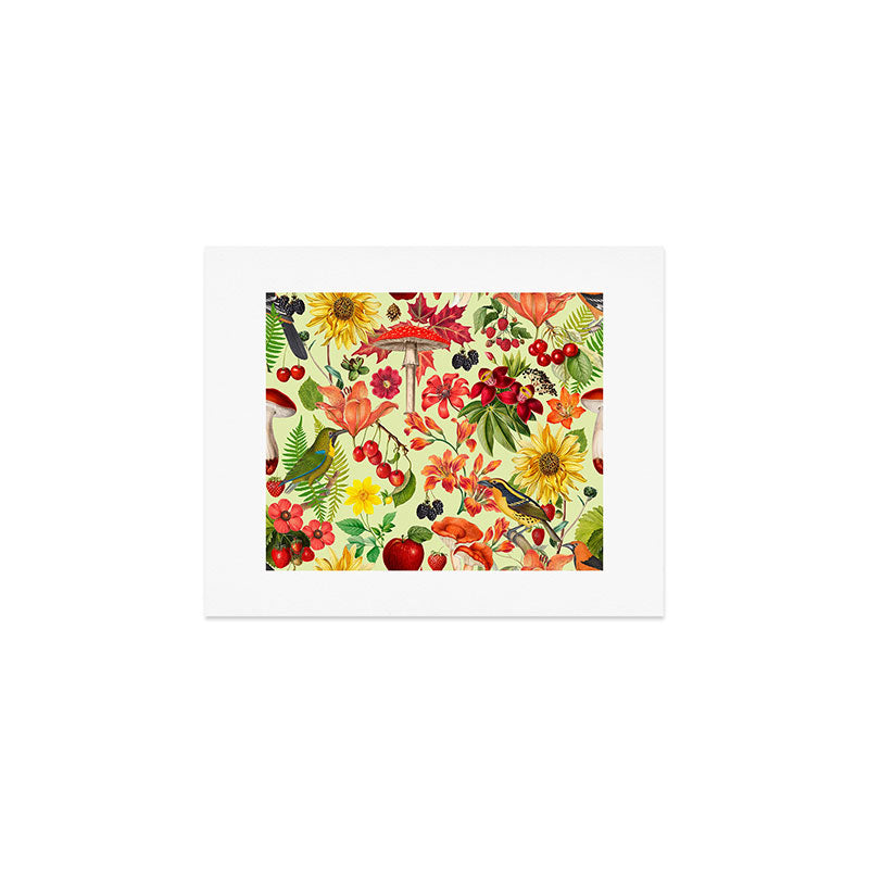 Autumns Delight Botanical Pattern With Birds On Green Art Print Gallery Image 1