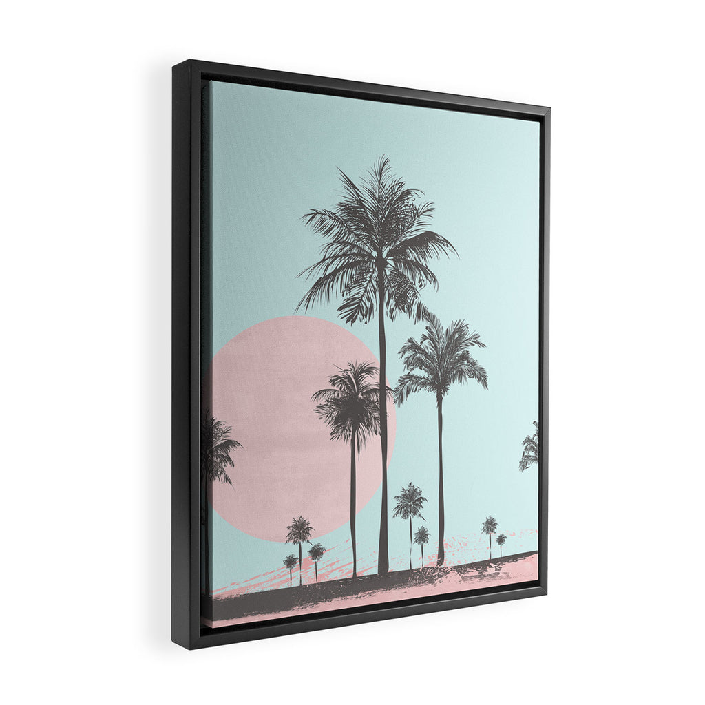 Beachfront palm tree soft pastel sunset graphic Framed Canvas Print Gallery Image 2