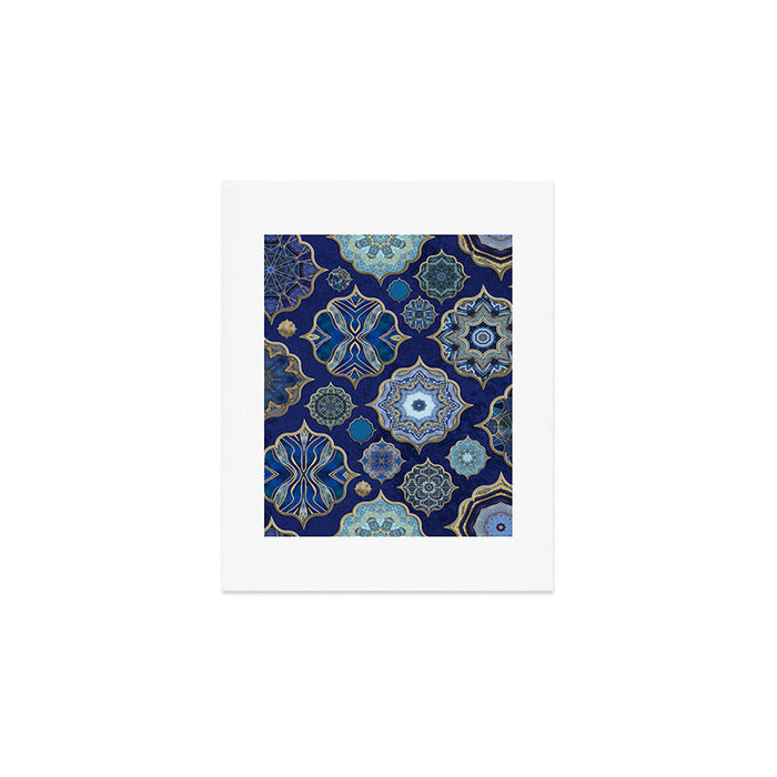 Blue Turquoise Gold Moroccan Tiles Boho Vintage Elegance Quatrefoil Shapes Art Print Gallery Image 1