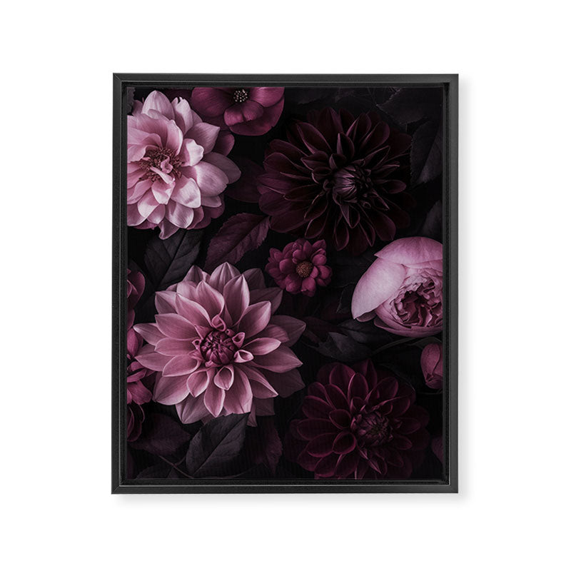 Dark Pink Moody Dahlias And Peonies Framed Canvas Print Gallery Image 1