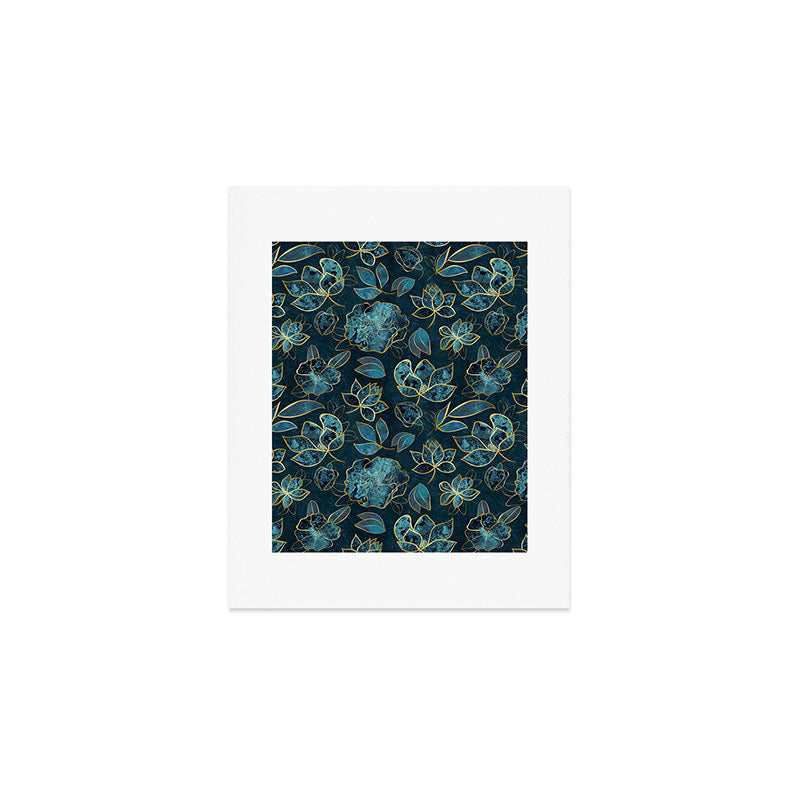 Elegant And Fancy Fantasy Flower Pattern In Turquoise And Gold Art Print Gallery Image 1