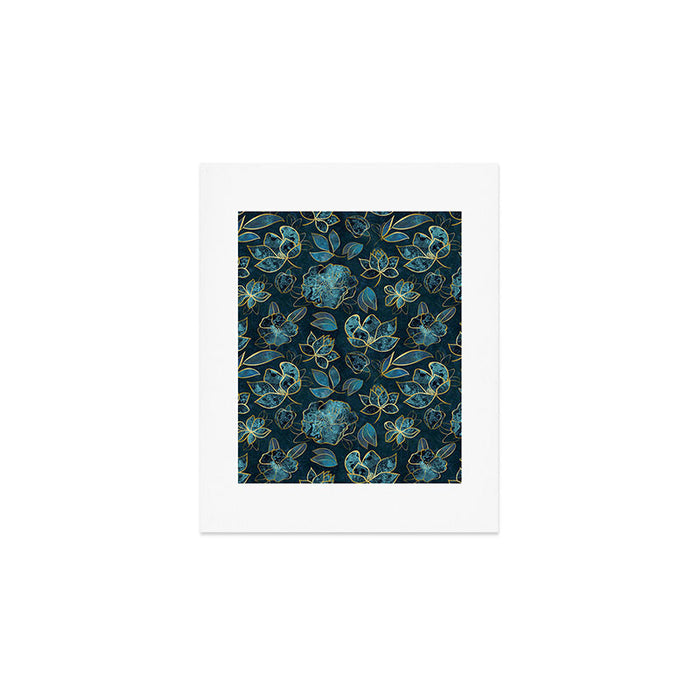 Elegant And Fancy Fantasy Flower Pattern In Turquoise And Gold Art Print Gallery Image 1
