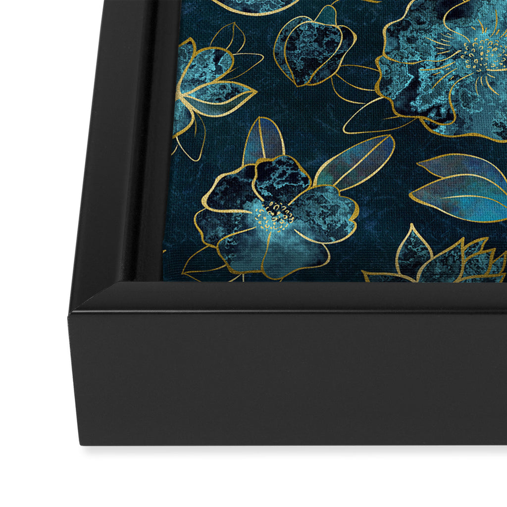 Elegant And Fancy Fantasy Flower Pattern In Turquoise And Gold Framed Canvas Print Gallery Image 3