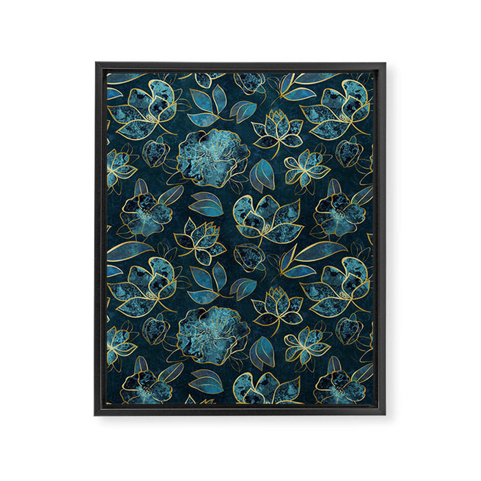 Elegant And Fancy Fantasy Flower Pattern In Turquoise And Gold Framed Canvas Print Gallery Image 1
