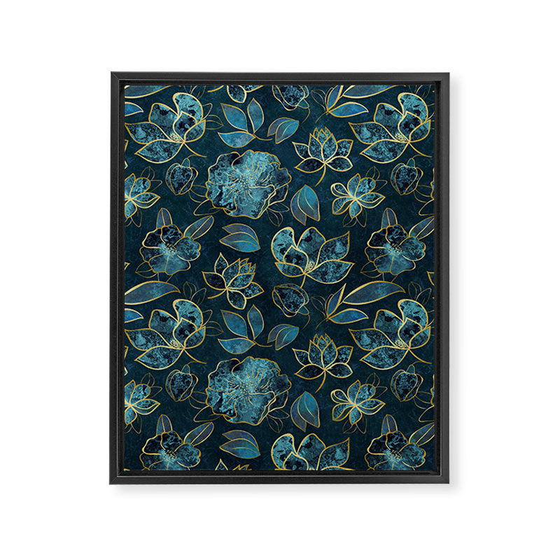 Elegant And Fancy Fantasy Flower Pattern In Turquoise And Gold Framed Canvas Print Gallery Image 8