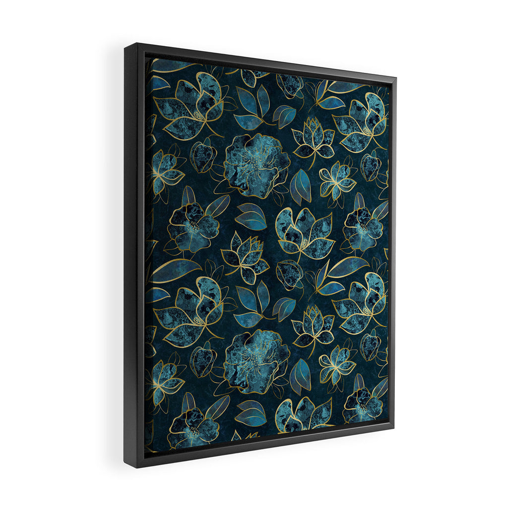 Elegant And Fancy Fantasy Flower Pattern In Turquoise And Gold Framed Canvas Print Gallery Image 2