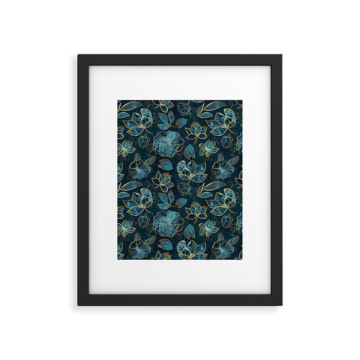 Elegant And Fancy Fantasy Flower Pattern In Turquoise And Gold Framed Art Print Gallery Image 1