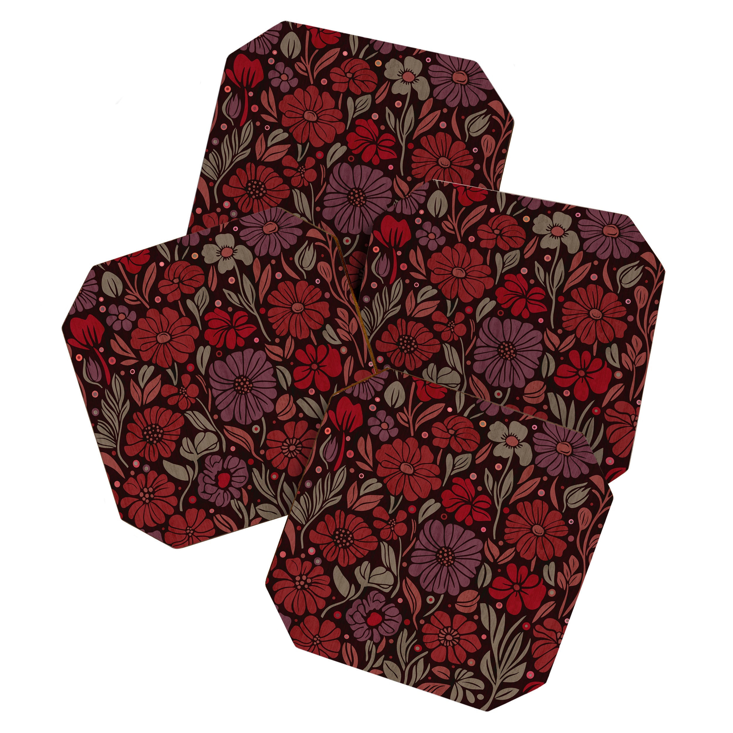 Eternal Summer Block Print Countryside Vibes Flower Garden Crimson Red Coaster Gallery Image 1