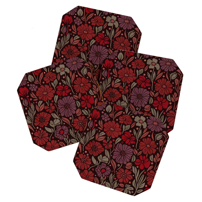 Eternal Summer Block Print Countryside Vibes Flower Garden Crimson Red Coaster Gallery Image 1