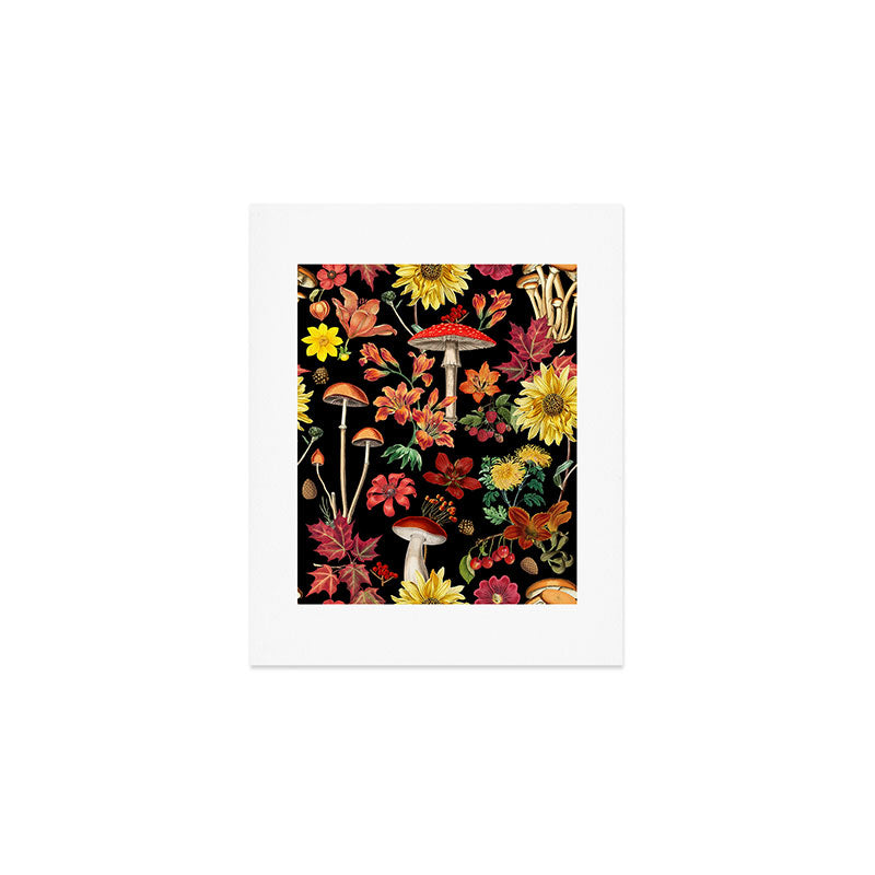 Floral Autumn Vintage Botanical Cabincore Pattern Black Art Print Gallery Image 1