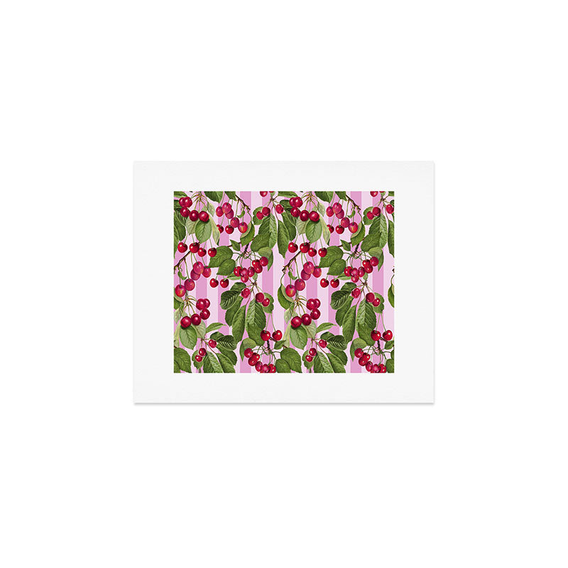 Lush Cherry Orchard Sweet Summer Fruits On Pink Stripes Art Print Gallery Image 1