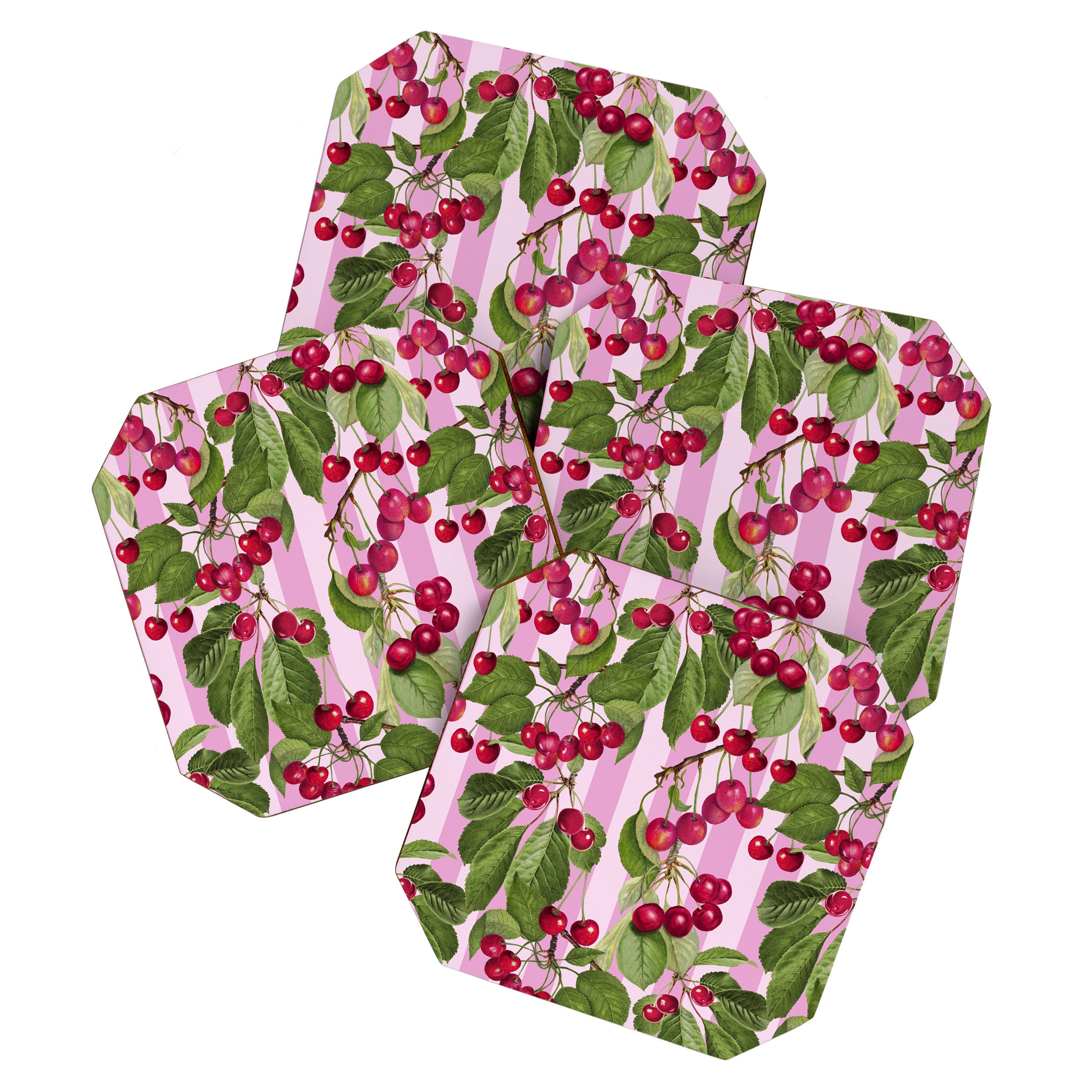 Lush Cherry Orchard Sweet Summer Fruits On Pink Stripes Coaster Gallery Image 1