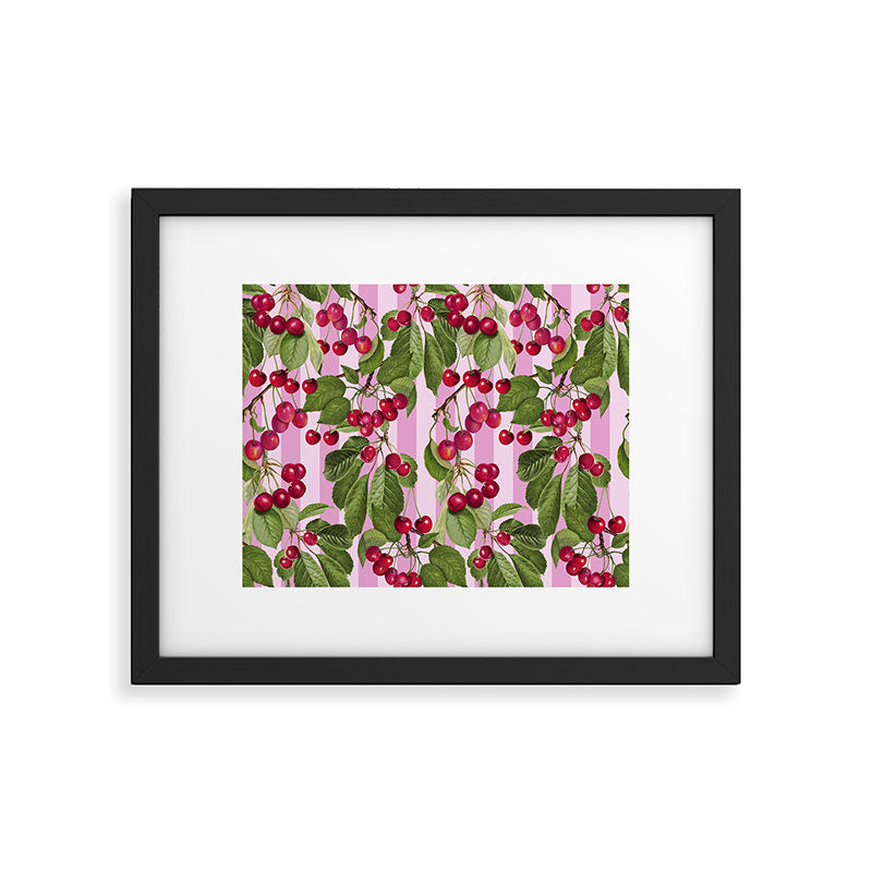 Lush Cherry Orchard Sweet Summer Fruits On Pink Stripes Framed Art Print Gallery Image 5