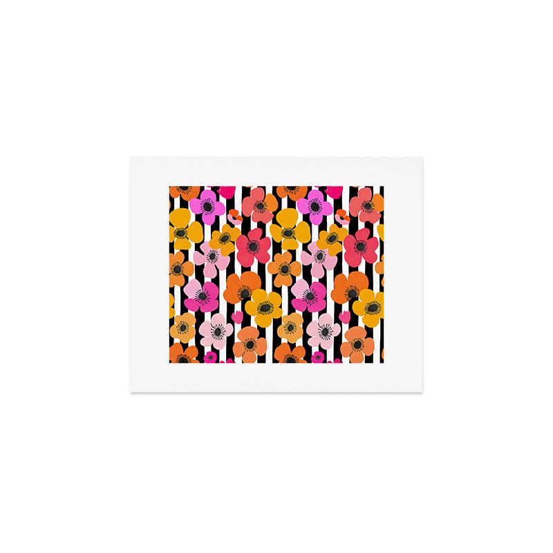 Midcentury Playful Botanica Bold Multicolor Retro Flowers On Black And White Stripes Art Print Gallery Image 1