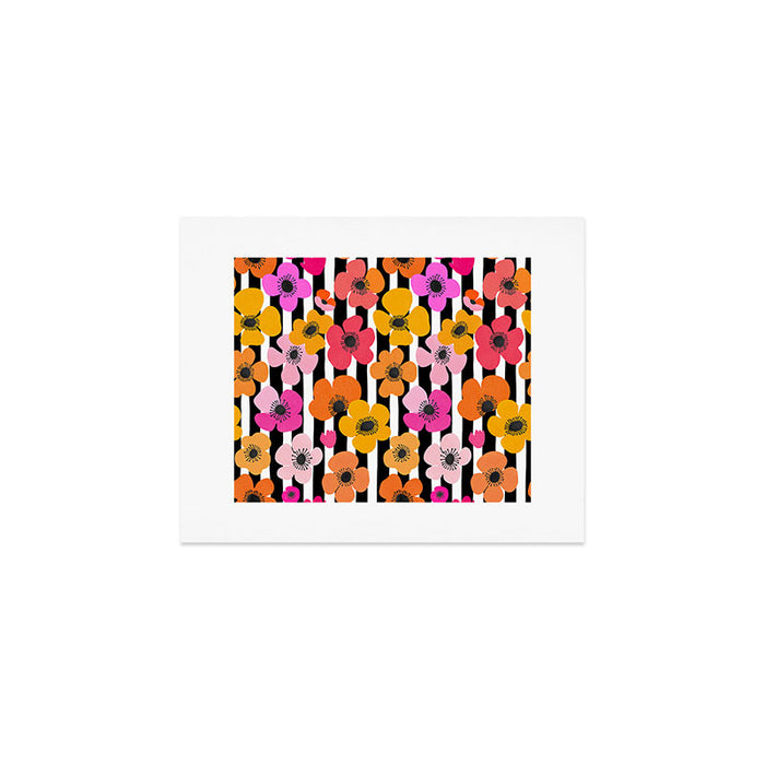 Midcentury Playful Botanica Bold Multicolor Retro Flowers On Black And White Stripes Art Print Gallery Image 1
