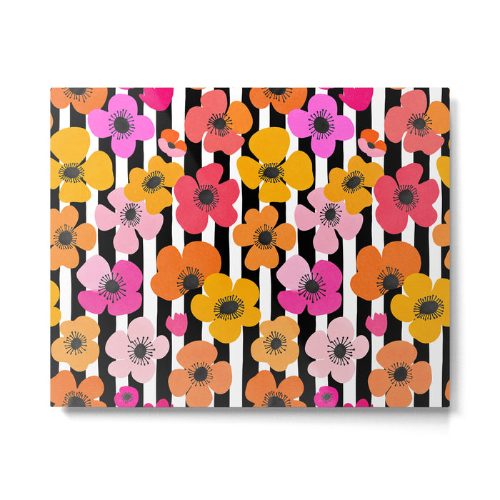 Midcentury Playful Botanica Bold Multicolor Retro Flowers On Black And White Stripes Metal Print Gallery Image 1