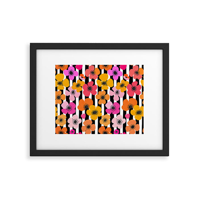 Midcentury Playful Botanica Bold Multicolor Retro Flowers On Black And White Stripes Framed Art Print Gallery Image 1