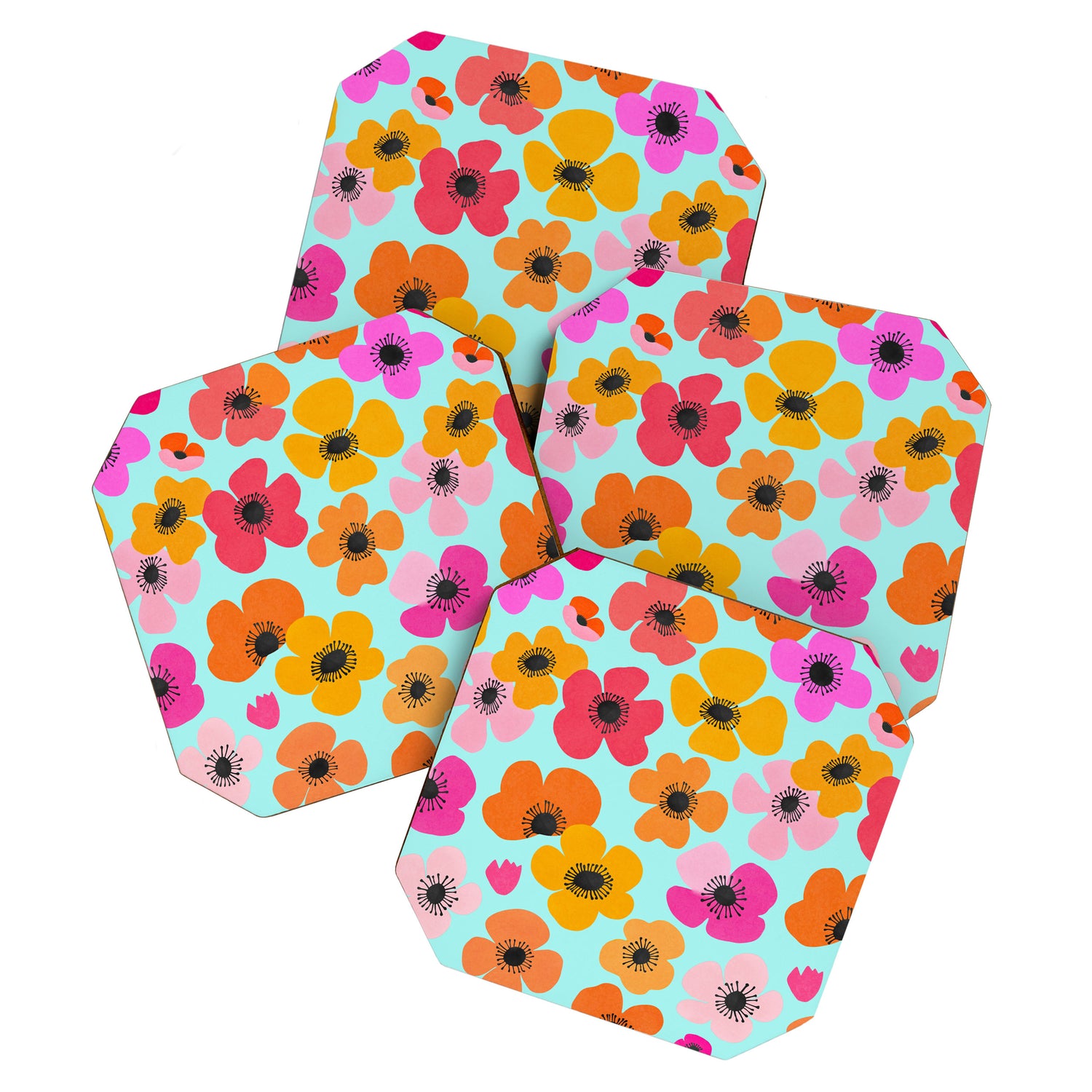 Midcentury Playful Botanical Bold Multicolor Retro Flowers Turquoise Coaster Gallery Image 1