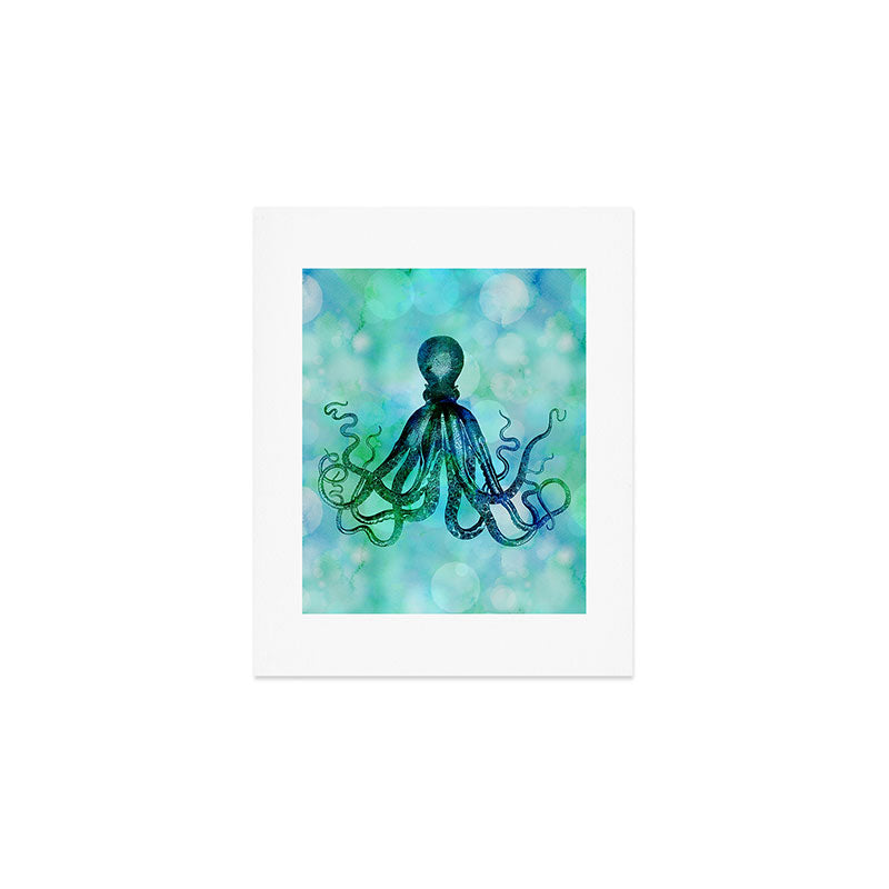 Octopus blue green mixed media underwater artwork Art Print Gallery Image 1