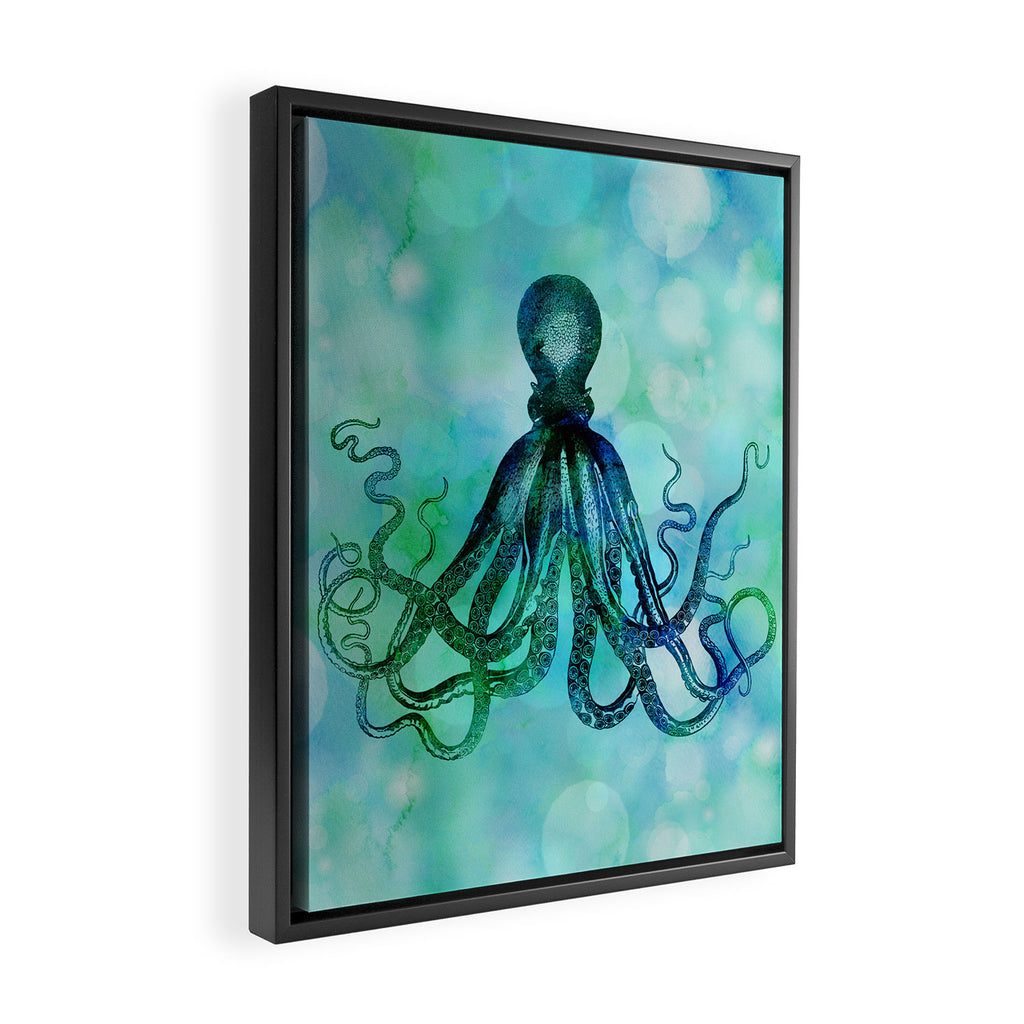 Octopus blue green mixed media underwater artwork Framed Canvas Print Gallery Image 2