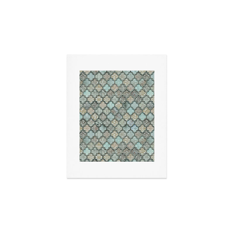 Old Moroccan Tiles Pattern Teal Beige Distressed Style Art Print Gallery Image 1