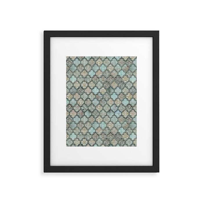Old Moroccan Tiles Pattern Teal Beige Distressed Style Framed Art Print Gallery Image 1
