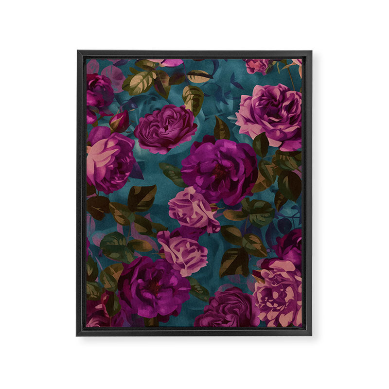 Regency Vibe Velveteen Moody  Flowers Fuchsia Pink Burgundy And Turquoise Framed Canvas Print Gallery Image 6