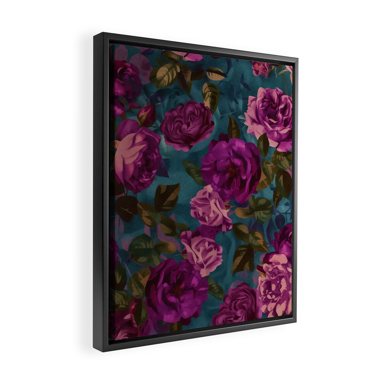 Regency Vibe Velveteen Moody  Flowers Fuchsia Pink Burgundy And Turquoise Framed Canvas Print Gallery Image 2