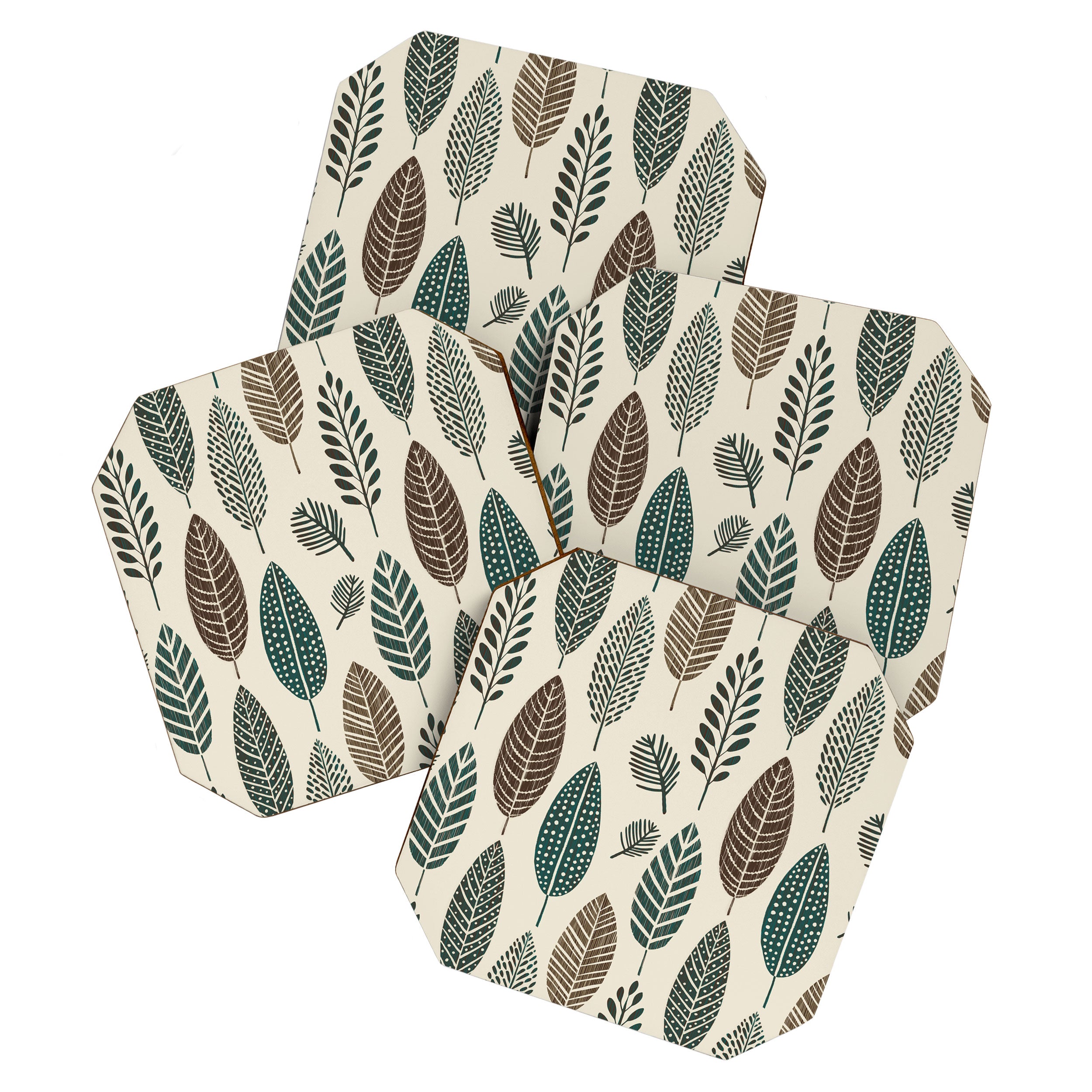 Rustic Autumn Vibe Textured Leaf Pattern Beige Green Coaster Gallery Image 1